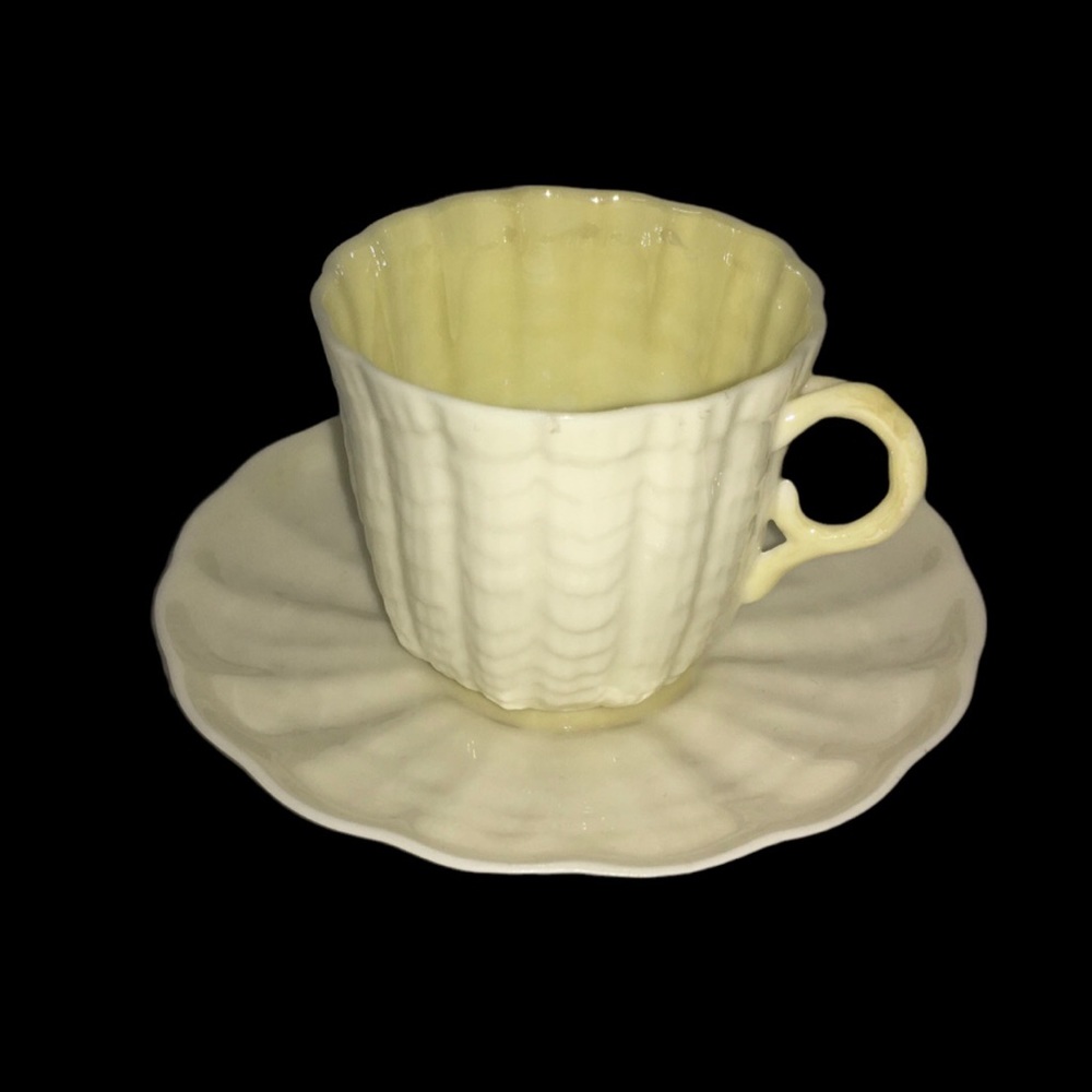 Vintage Belleek Ireland Ivory/Yellow Tiny Demitasse Cup & Saucer Set